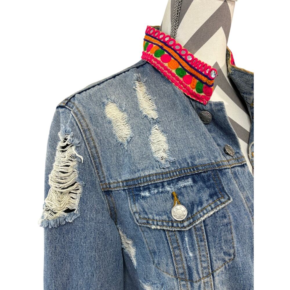 Mary Marshmallow Jean Jacket Large First Rule No Rules Sequin Patch Distressed - Picture 3 of 8